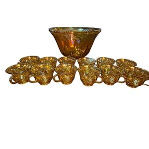 Indiana Glass Punch Bowl Set Carnival  Iridescent Amber Gold Harvest Grape